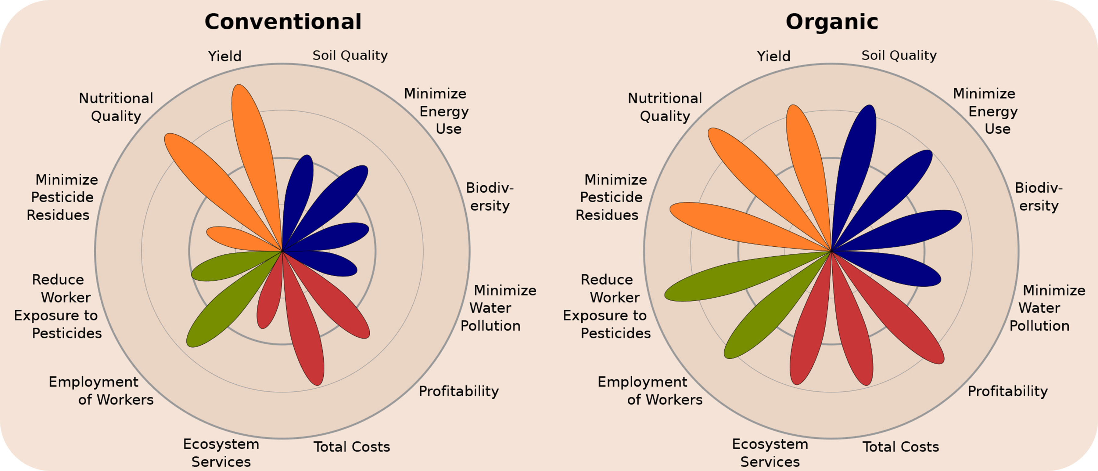 Comparison chart of ecological, environmental, and economic benefits in conventional and organic agriculture.