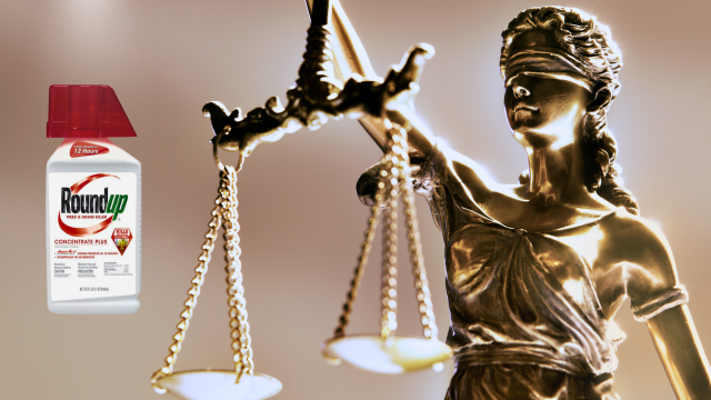 Bottle of RoundUp (glyphosate) next to scales of Justice Bottle of RoundUp (glyphosate) next to scales of Justice